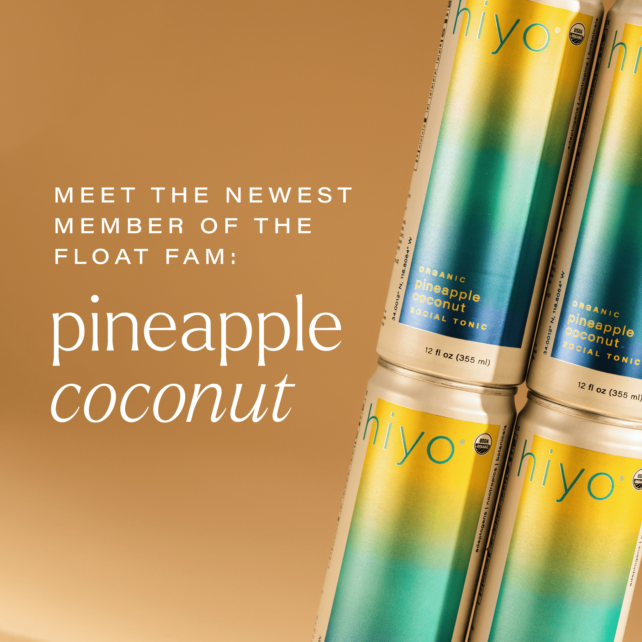 Three bottles of hiyo pineapple coconut tonic on a brown background with promotional text.