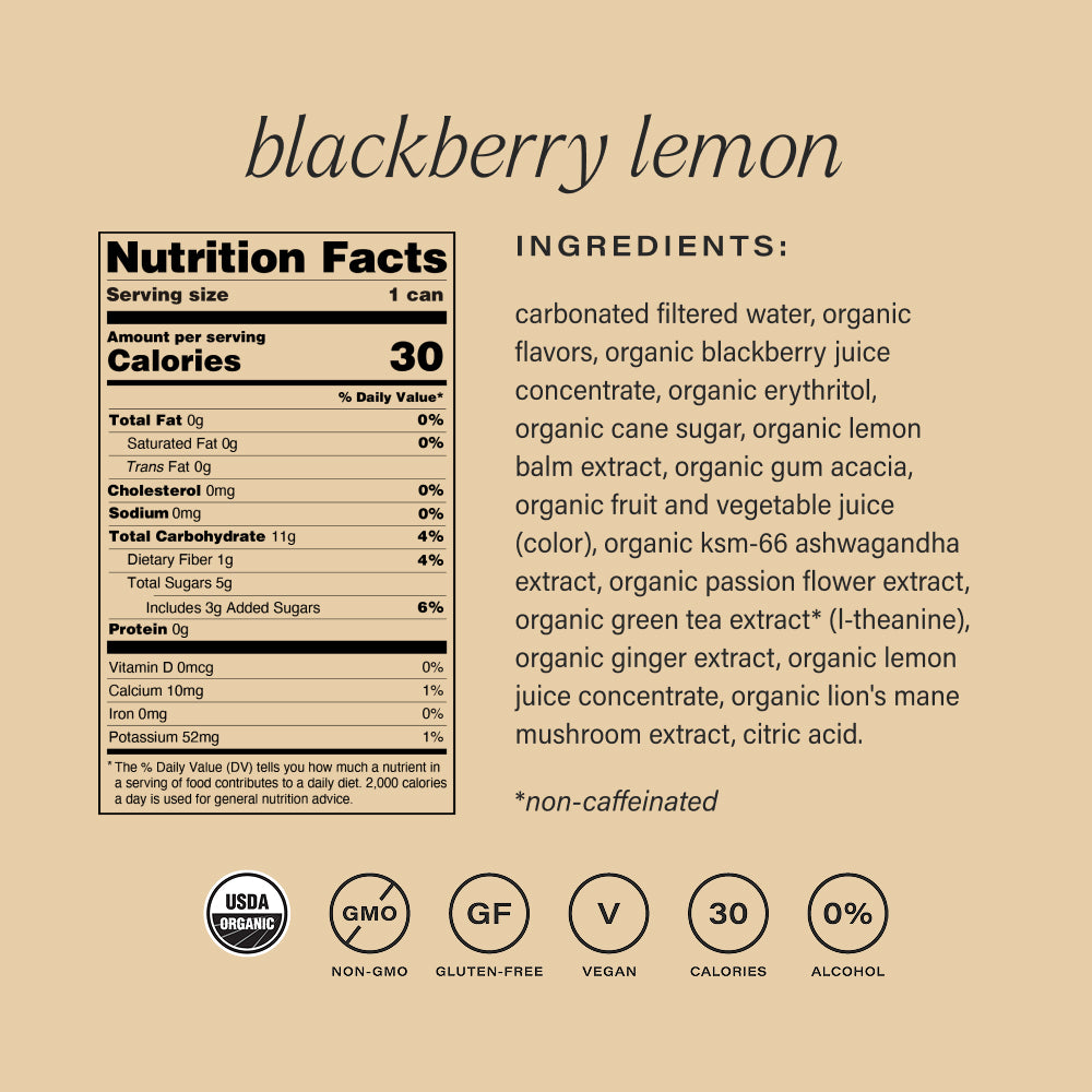 Nutrition facts and ingredients list for a blackberry lemon non-alcoholic functional seltzer hiyo on a beige background.