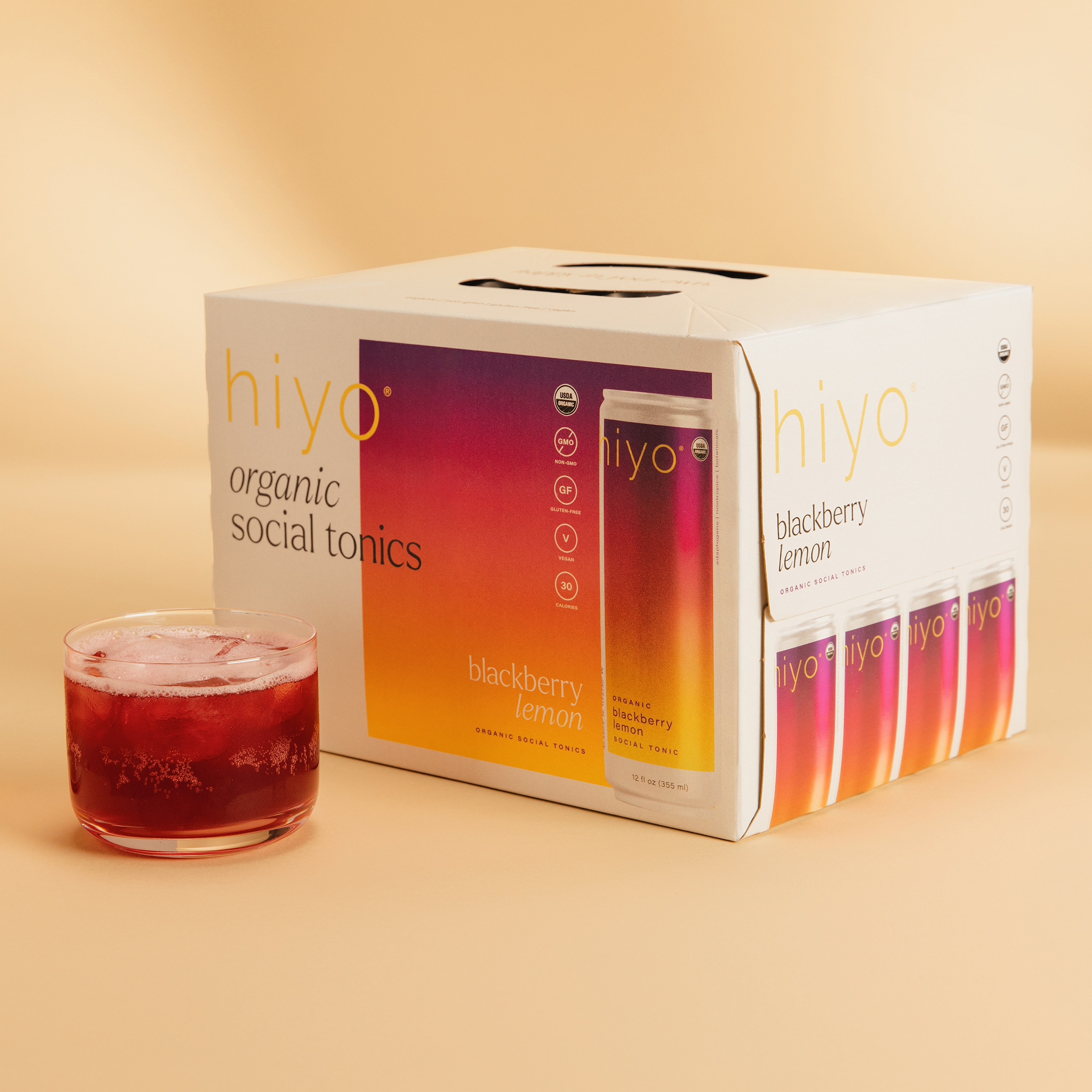 hiyo blackberry lemon 12-pack. ingredients: carbonated filtered water, organic flavors, organic blackberry juice concentrate, organic erythritol, organic cane sugar, organic lemon balm extract, organic gum acacia, organic fruit and vegetable juice (color), organic ksm-66 ashwagandha extract, organic passion flower extract, organic green tea extract* (l-theanine), organic ginger extract, organic lemon juice concentrate, organic lion's mane mushroom extract, citric acid *non-caffeinated