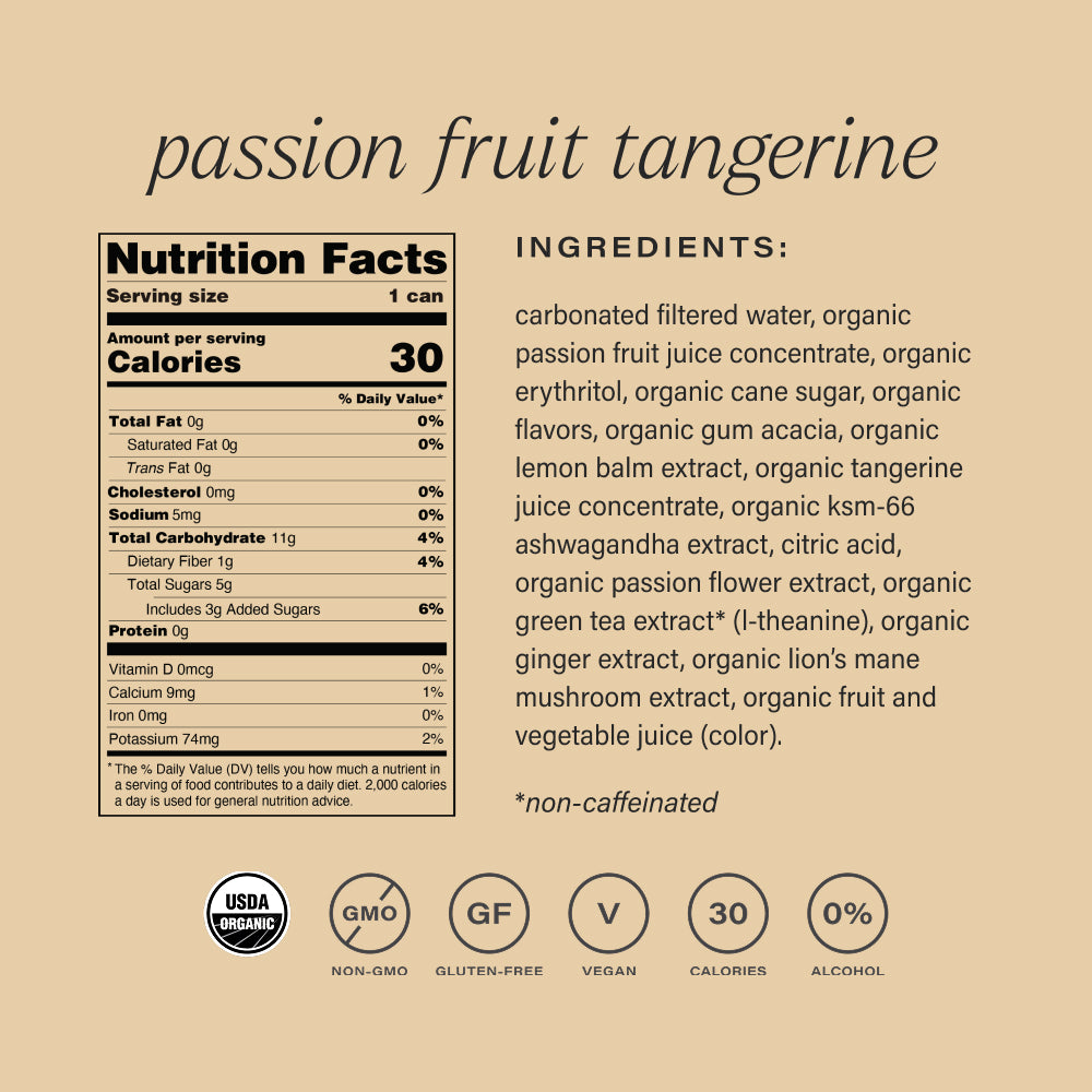 Nutrition facts and ingredients list for non-alcoholic passion fruit tangerine hiyo product on a beige background