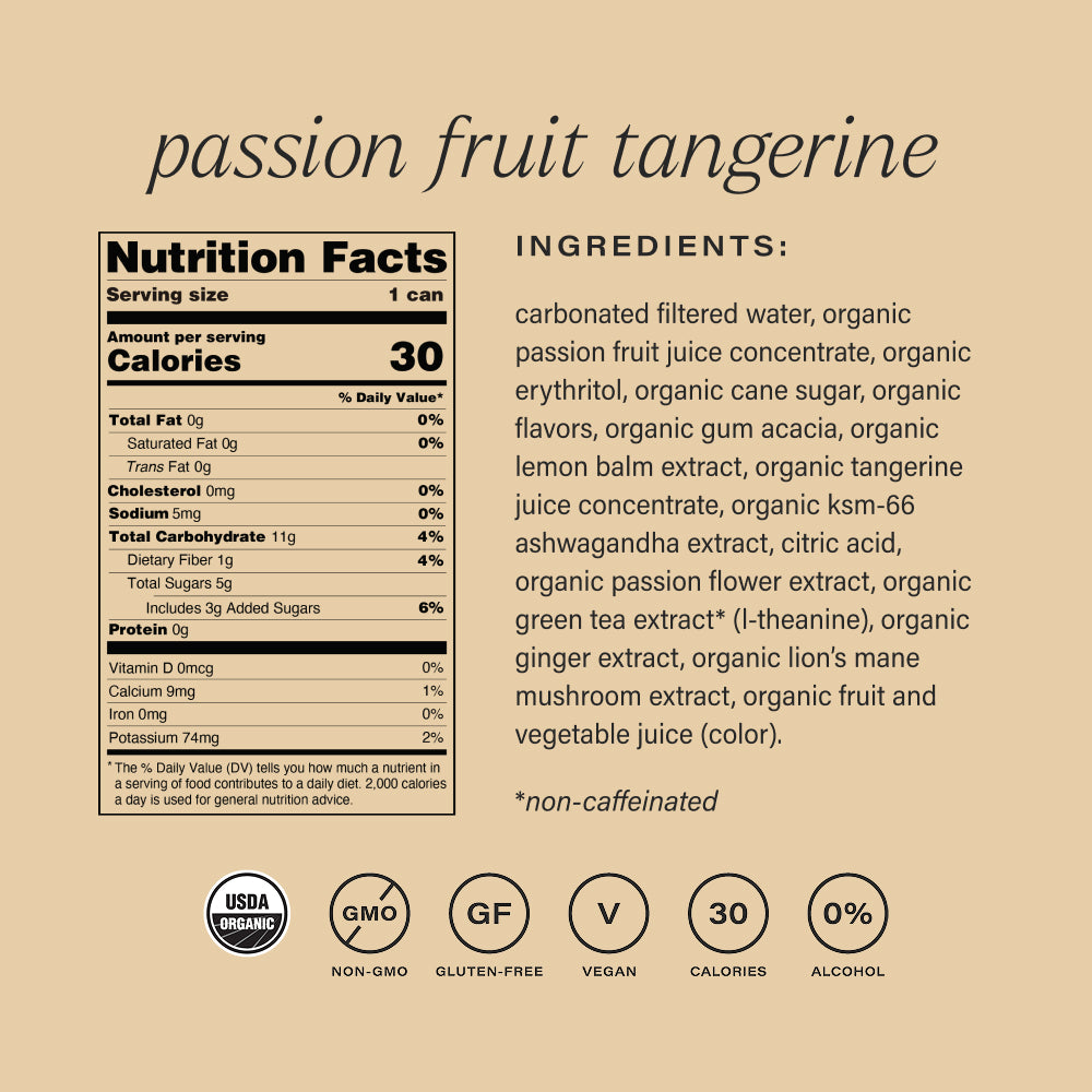 Nutrition facts and ingredients label for passion fruit tangerine non-alcoholic functional seltzer hiyo on a beige background
