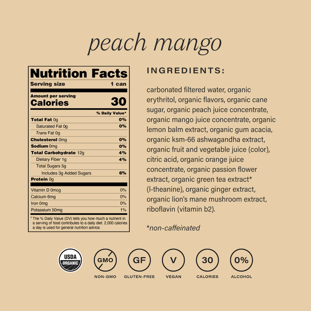 Nutrition facts and ingredients list for peach mango non-alcoholic functional seltzer hiyo on a beige background