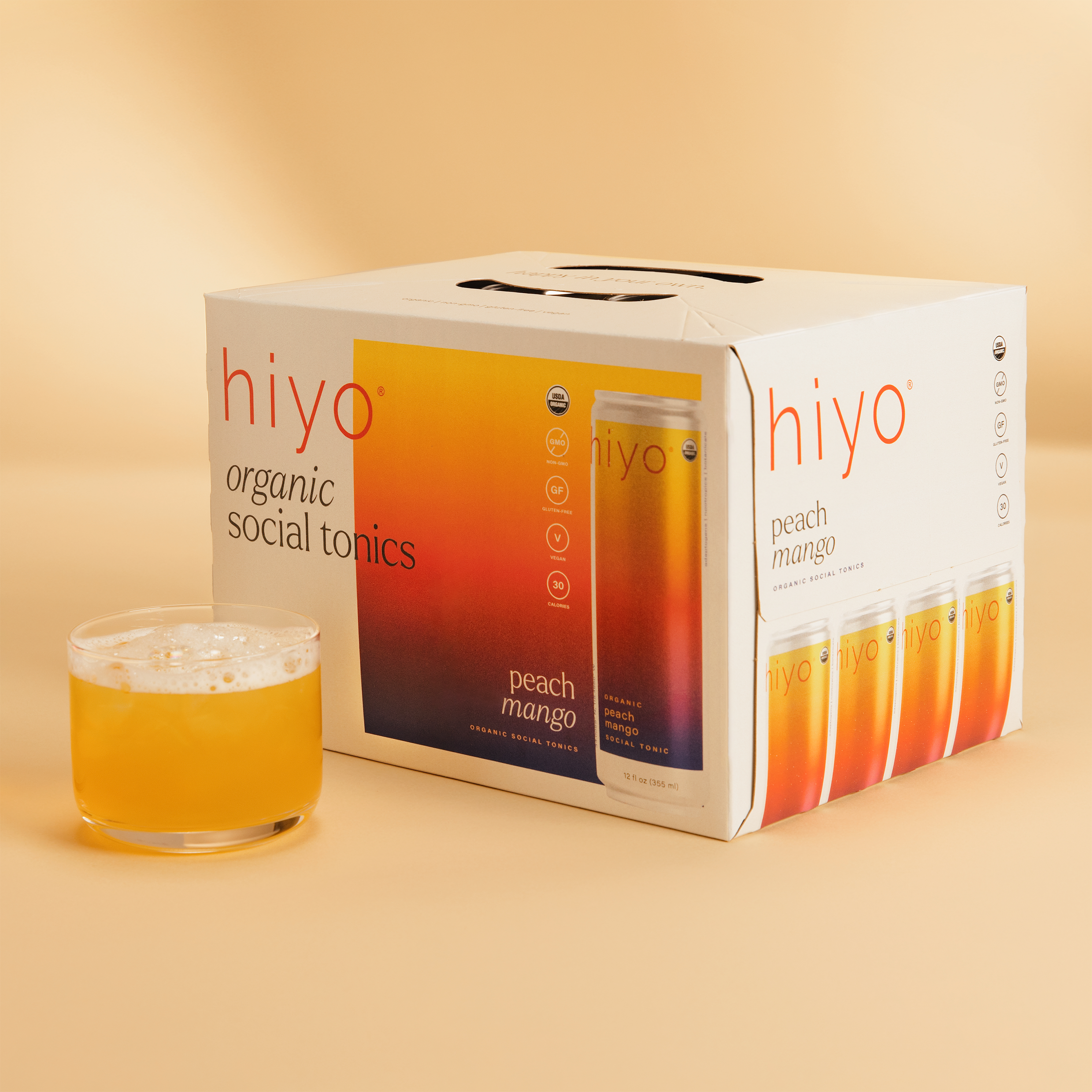 hiyo peach mango 12-pack. ingredients: carbonated filtered water, organic erythritol, organic flavors, organic cane sugar, organic peach juice concentrate, organic mango juice concentrate, organic lemon balm extract, organic gum acacia, organic ksm-66 ashwagandha extract, organic fruit and vegetable juice (color), citric acid, organic orange juice concentrate, organic passion flower extract, organic green tea extract* (l-theanine), organic ginger extract, organic lion's mane mushroom extract, riboflavin