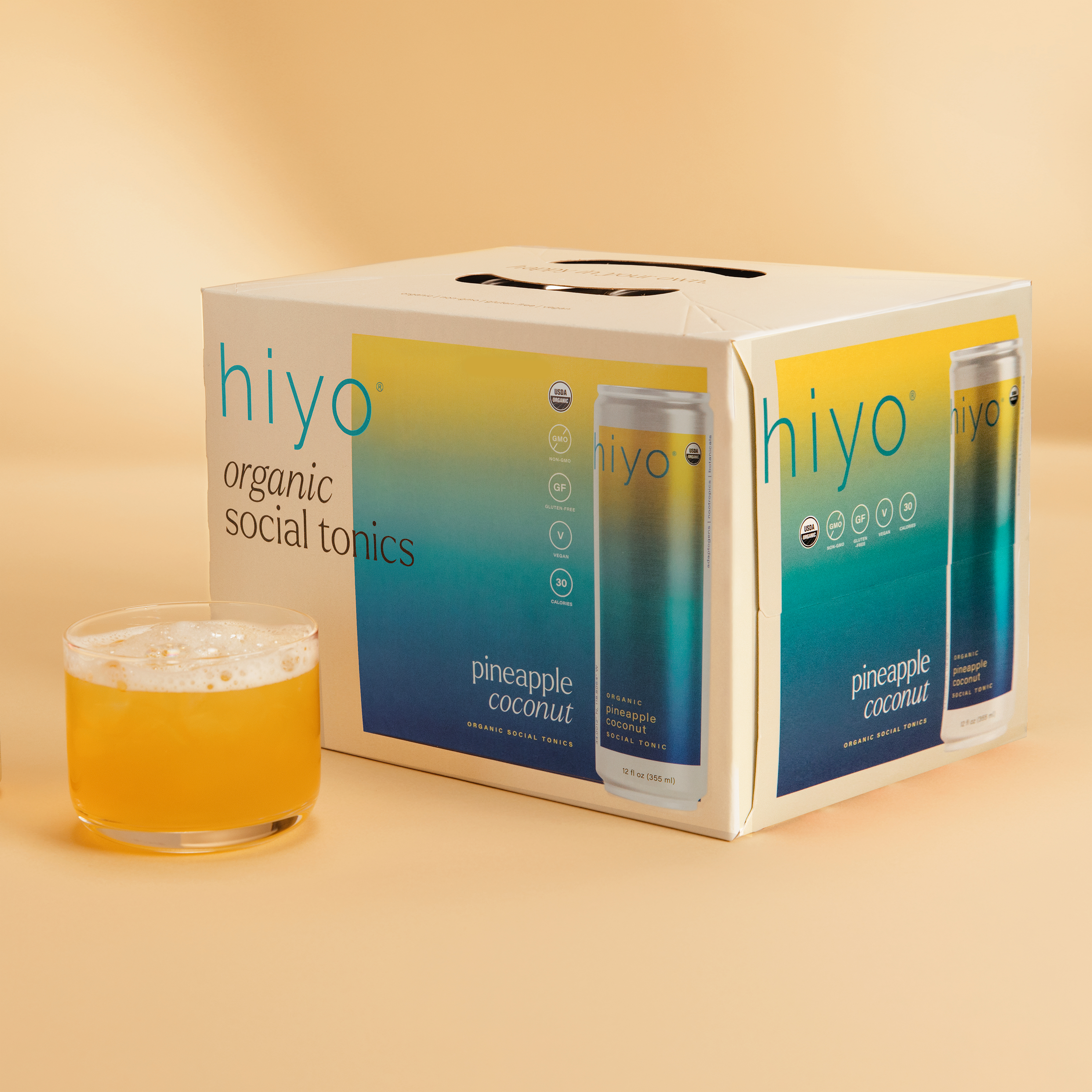 hiyo pineapple coconut 12-pack. ingredients: carbonated filtered water, organic erythritol, organic cane sugar, organic flavors, organic pineapple juice concentrate, organic coconut water concentrate, organic gum acacia, organic lemon balm extract, citric acid, organic ksm-66 ashwagandha extract, organic fruit and vegetable juice (color), organic passion flower extract, organic green tea extract* (l-theanine), organic ginger extract, organic lion's mane mushroom extract, riboflavin (vitamin b2).