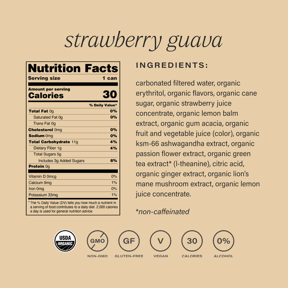 Nutrition facts and ingredients list for non-alcoholic strawberry guava hiyo on a beige background