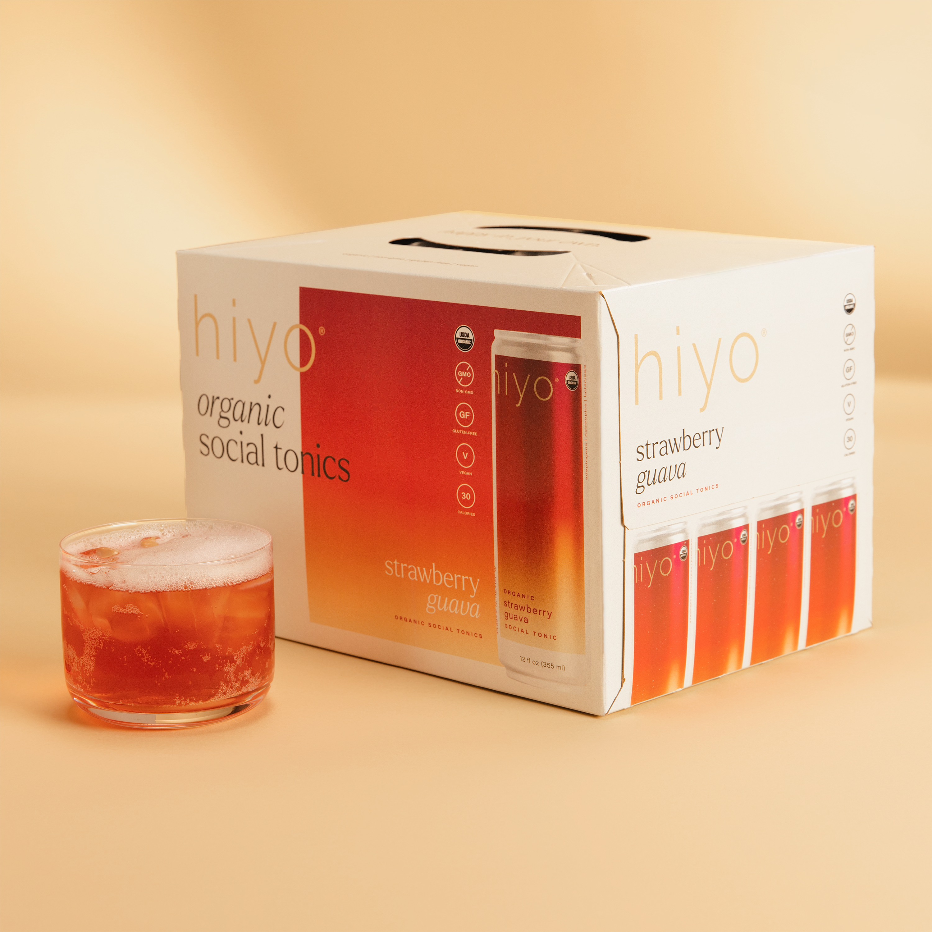 hiyo strawberry guava 12-pack. ingredients: carbonated filtered water, organic erythritol, organic flavors, organic cane sugar, organic strawberry juice concentrate, organic lemon balm extract, organic gum acacia, organic fruit and vegetable juice (color), organic ksm-66 ashwagandha extract, organic passion flower extract, organic green tea extract* (l-theanine), citric acid, organic ginger extract, organic lion's mane mushroom extract, organic lemon juice concentrate *non-caffeinated