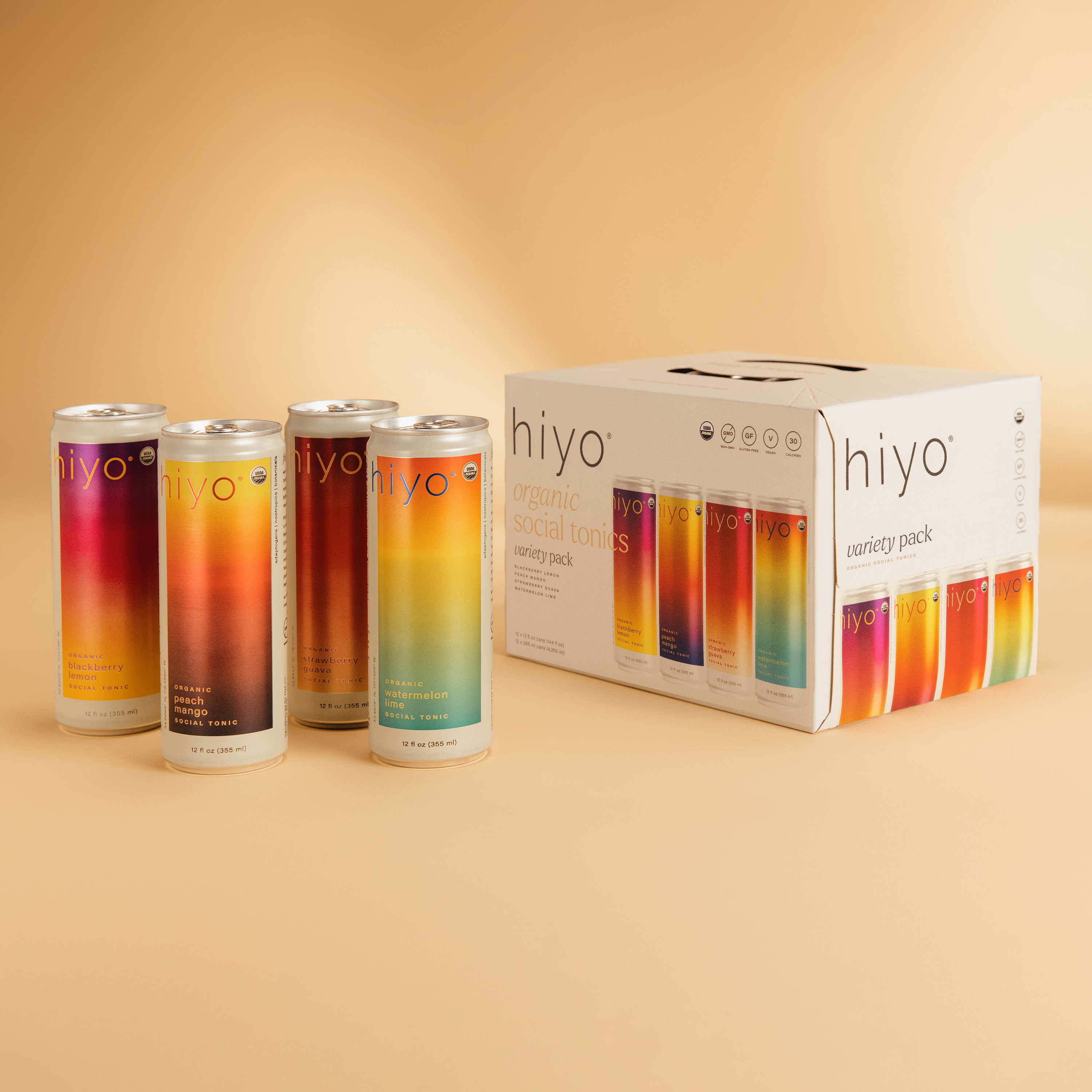 hiyo variety pack 12-pack. blackberry lemon, peach mango, strawberry guava, and watermelon lime.
