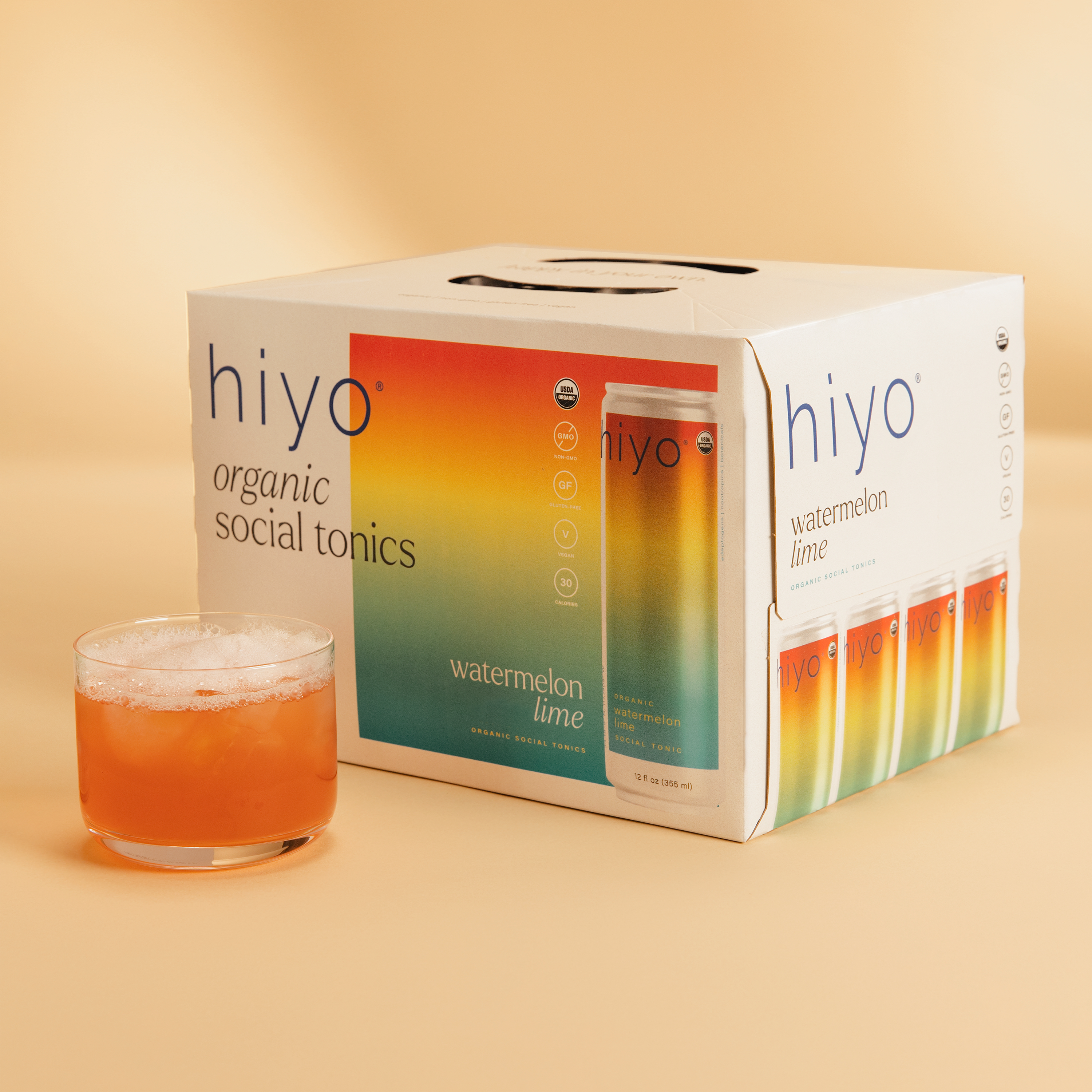 hiyo watermelon lime 12-pack. ingredients: carbonated filtered water, organic flavors, organic erythritol, organic watermelon juice concentrate, organic cane sugar, organic gum acacia, organic lemon balm extract, organic fruit and vegetable juice (color), organic ksm-66 ashwagandha extract, organic passion flower extract, organic green tea extract* (l-theanine), citric acid, organic ginger, organic lime juice concentrate, organic lion's mane mushroom extract *non-caffeinated