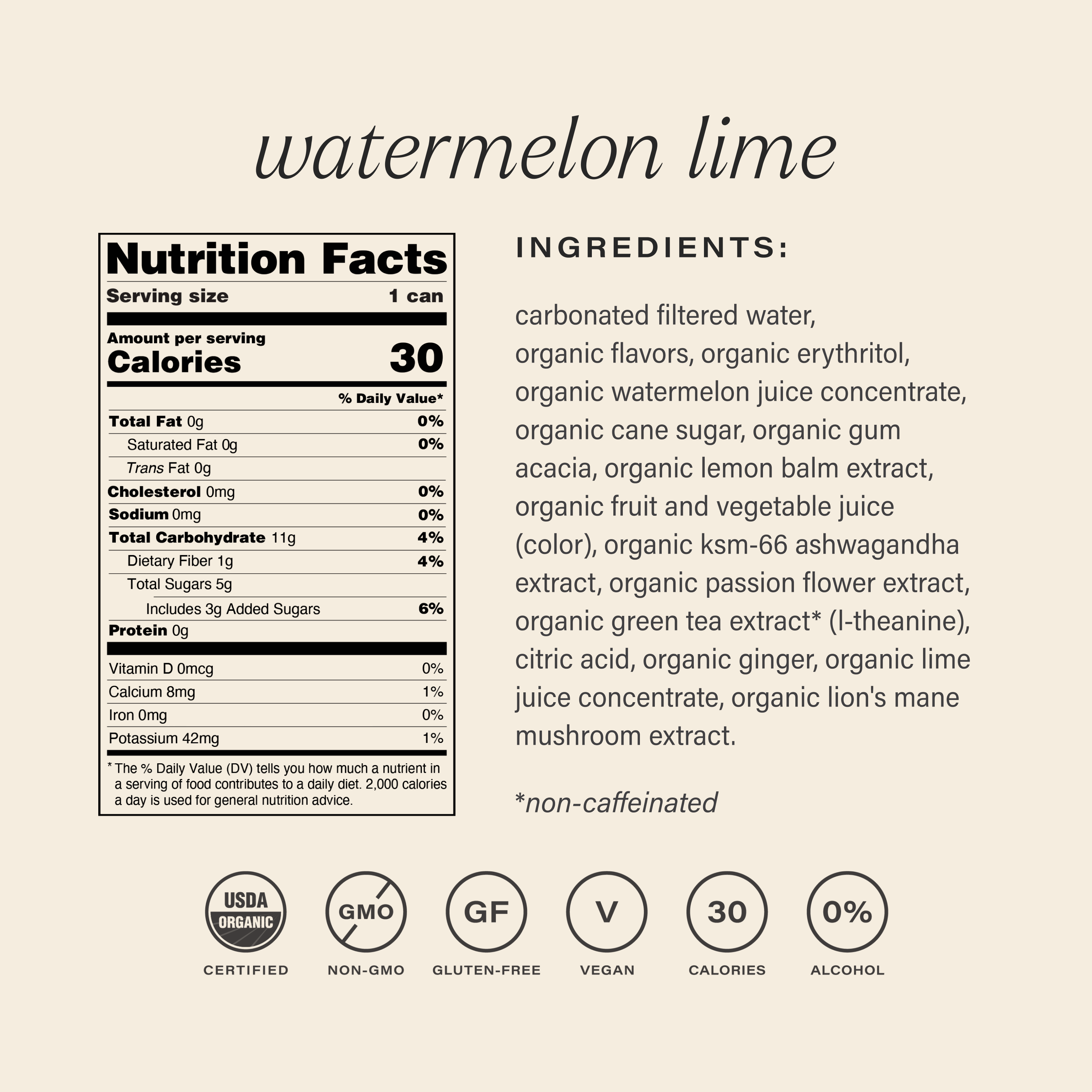Nutrition Facts:
serving size: 1 can
amount per serving
% daily value*
calories 30
total fat 0g
0%
saturated fat 0g
0%
trans fat 0g
0%
cholesterol 0mg
0%
sodium 0mg
0%
total carbohydrate 11g
4%
dietary fiber 1g
4%
total sugars 5g
includes 3g added sugars
6%
protein 0g
0%
vitamin D 0mcg
0%
calcium 8mg
1%
iron 0mg
0%
potassium 42mg
1%
the % daily value (dv) tells you how much a nutrient in a serving of food contributes to a daily diet. 2,000 calories a day is used for general nutrition advice.