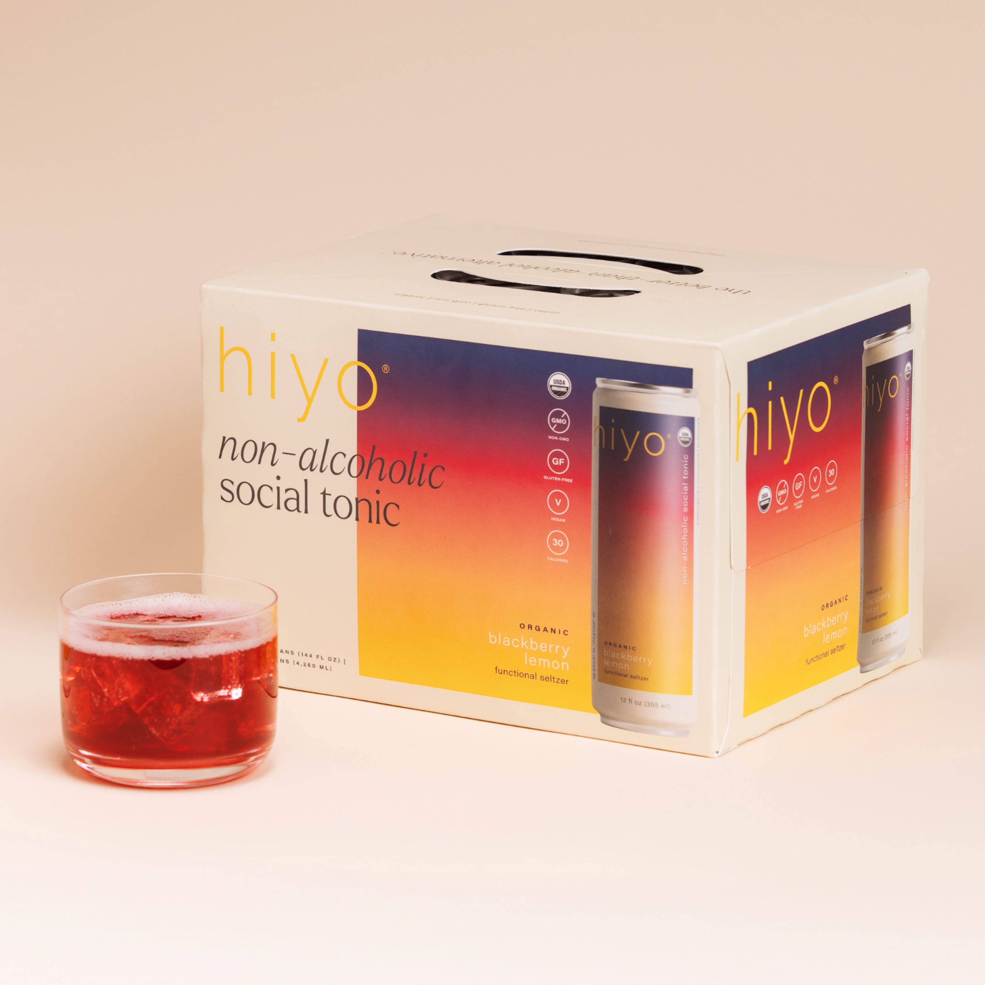 hiyo's blackberry lemon flavor. image includes the 12-pack box and a fizzy, iced glass of the beverage.