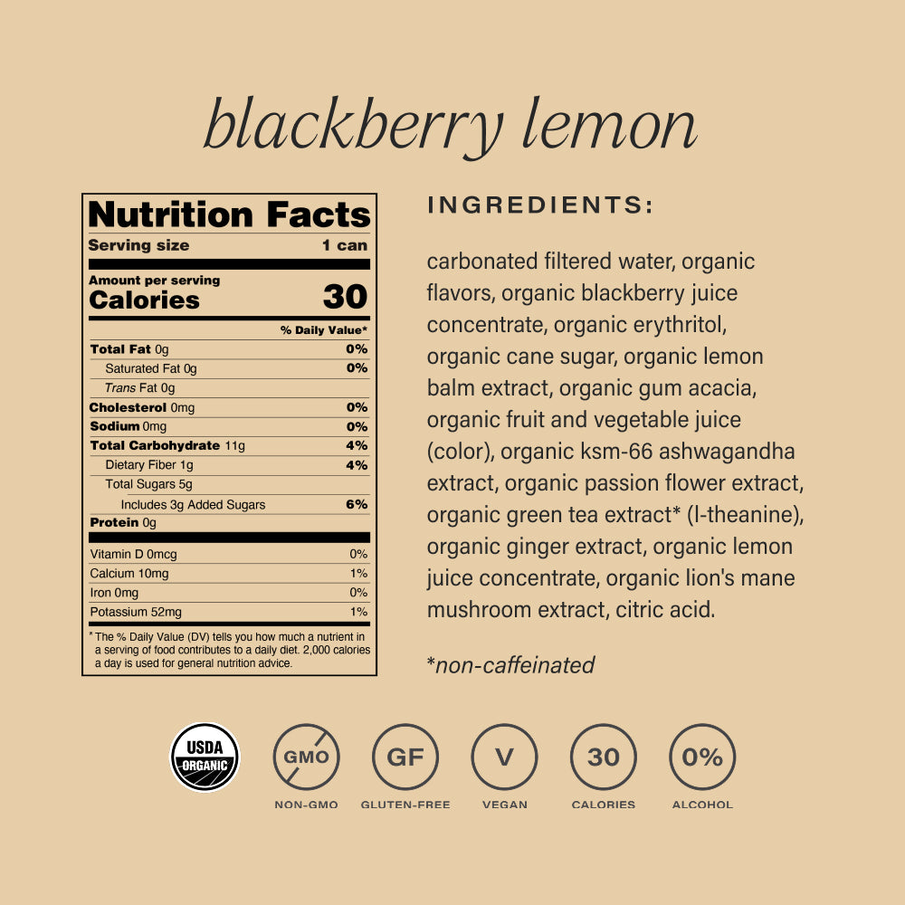 Nutrition facts and ingredients list for a blackberry lemon non-alcoholic functional seltzer hiyo on a beige background.