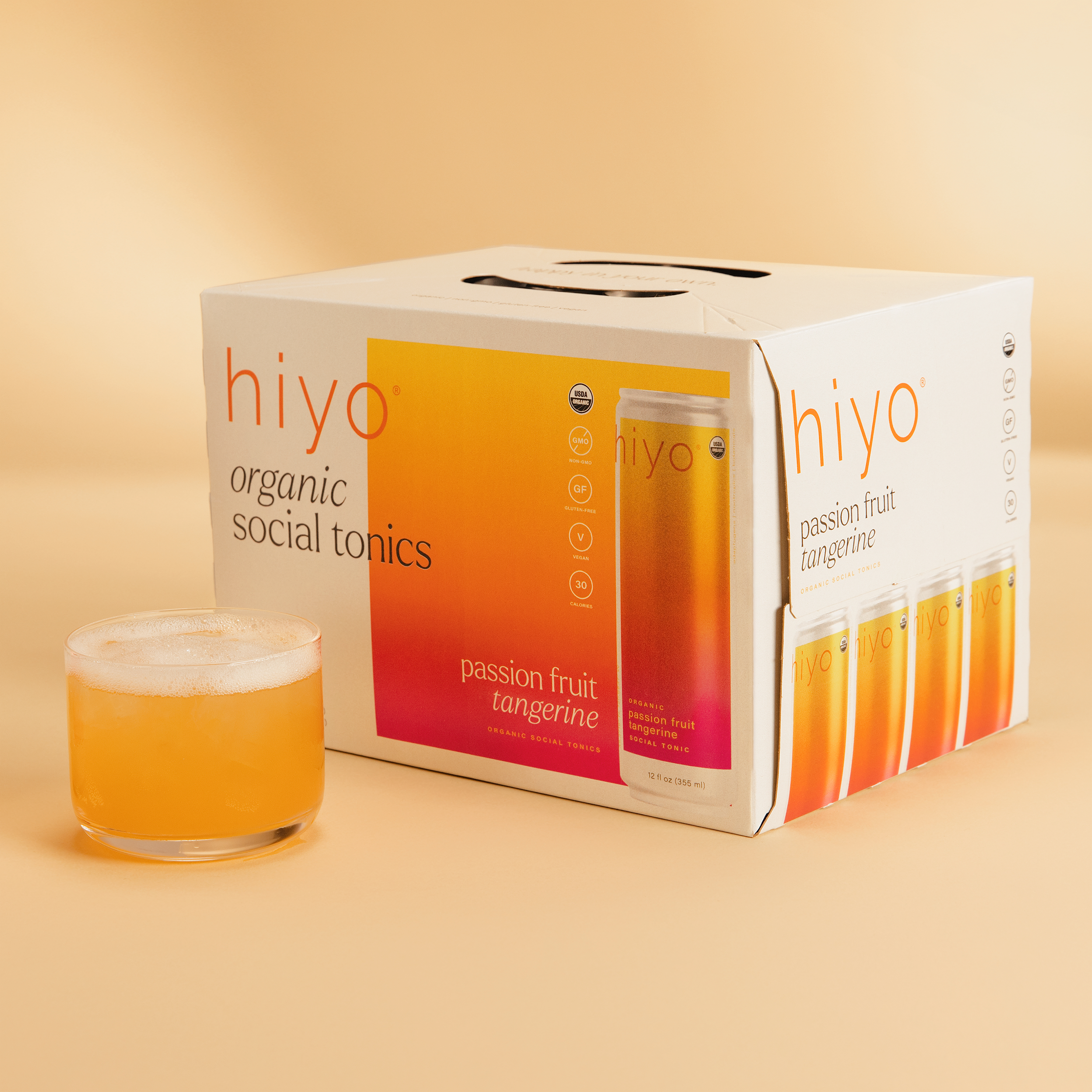 hiyo passion fruit tangerine 12-pack. ingredients: carbonated filtered water, organic passion fruit juice concentrate, organic erythritol, organic cane sugar, organic flavors, organic gum acacia, organic lemon balm extract, organic tangerine juice concentrate, organic ksm-66 ashwagandha extract, citric acid, organic passion flower extract, organic green tea extract* (l-theanine), organic ginger extract, organic lion’s mane mushroom extract, organic fruit and vegetable juice (color) *non-caffeinated
