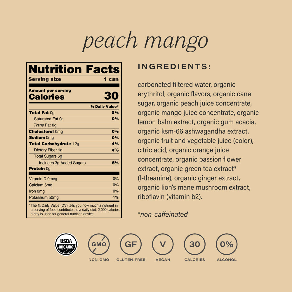Nutrition facts and ingredients list for peach mango non-alcoholic functional seltzer hiyo on a beige background