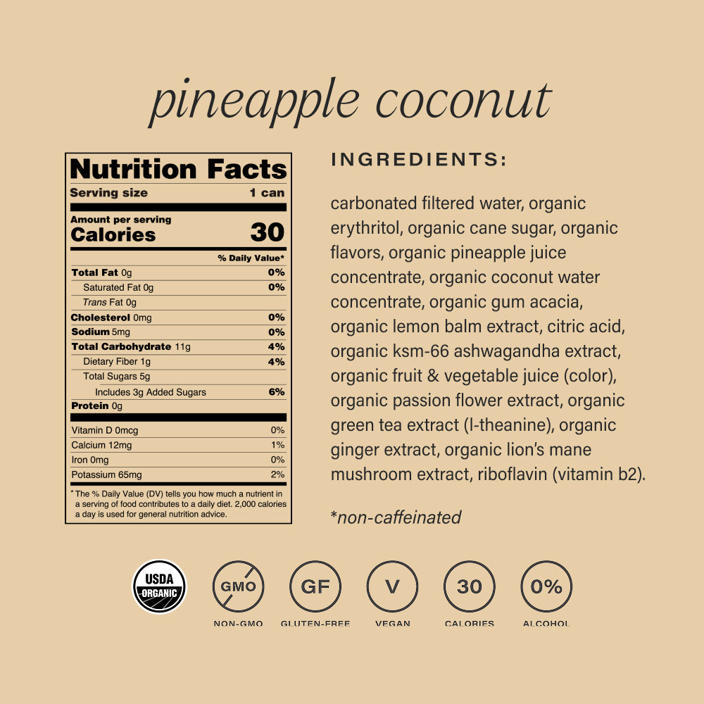 Nutrition facts and ingredients list for non-alcoholic pineapple coconut hiyo on a beige background
