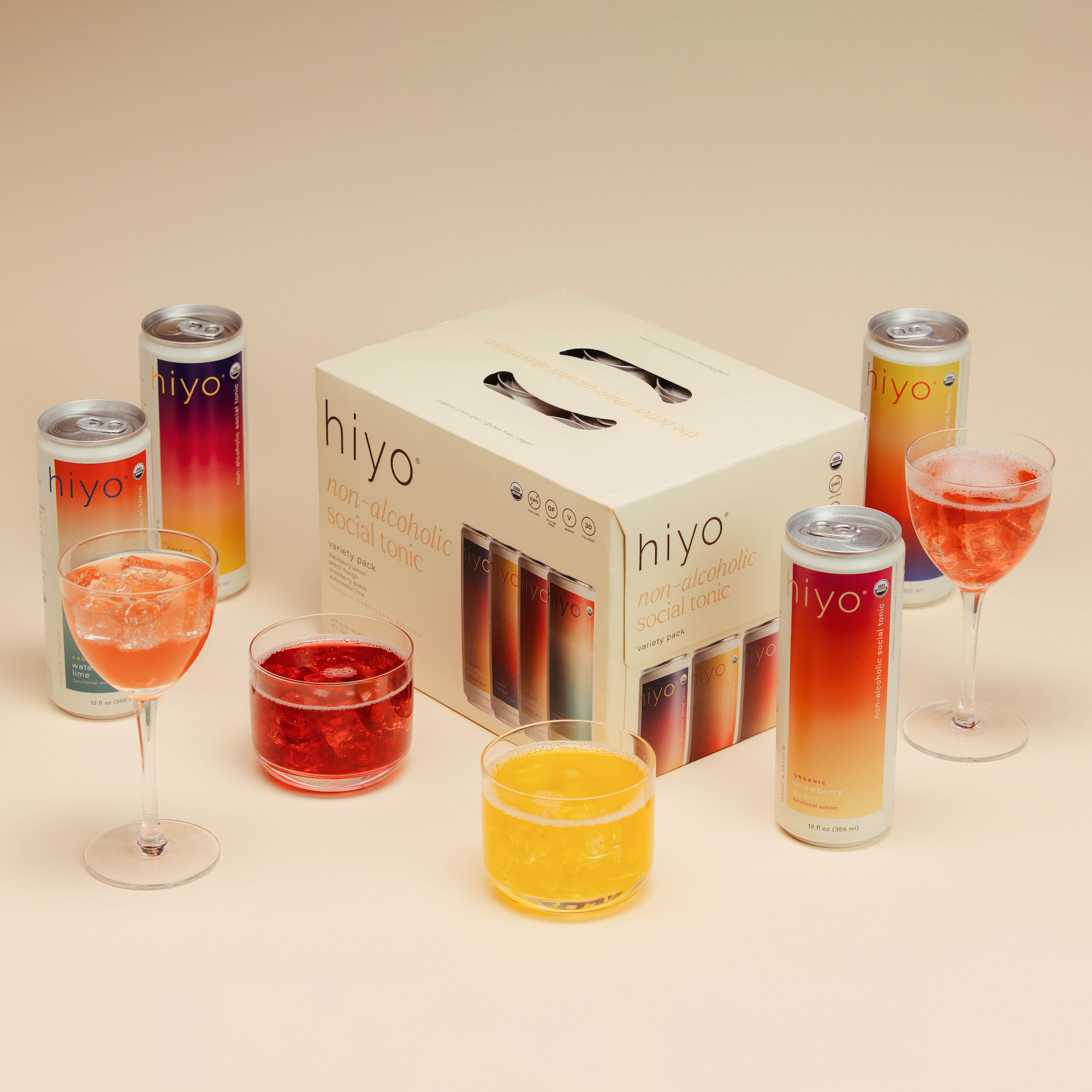 hiyo social tonics variety pack, 12-pack (12oz.) non-alcoholic seltzers