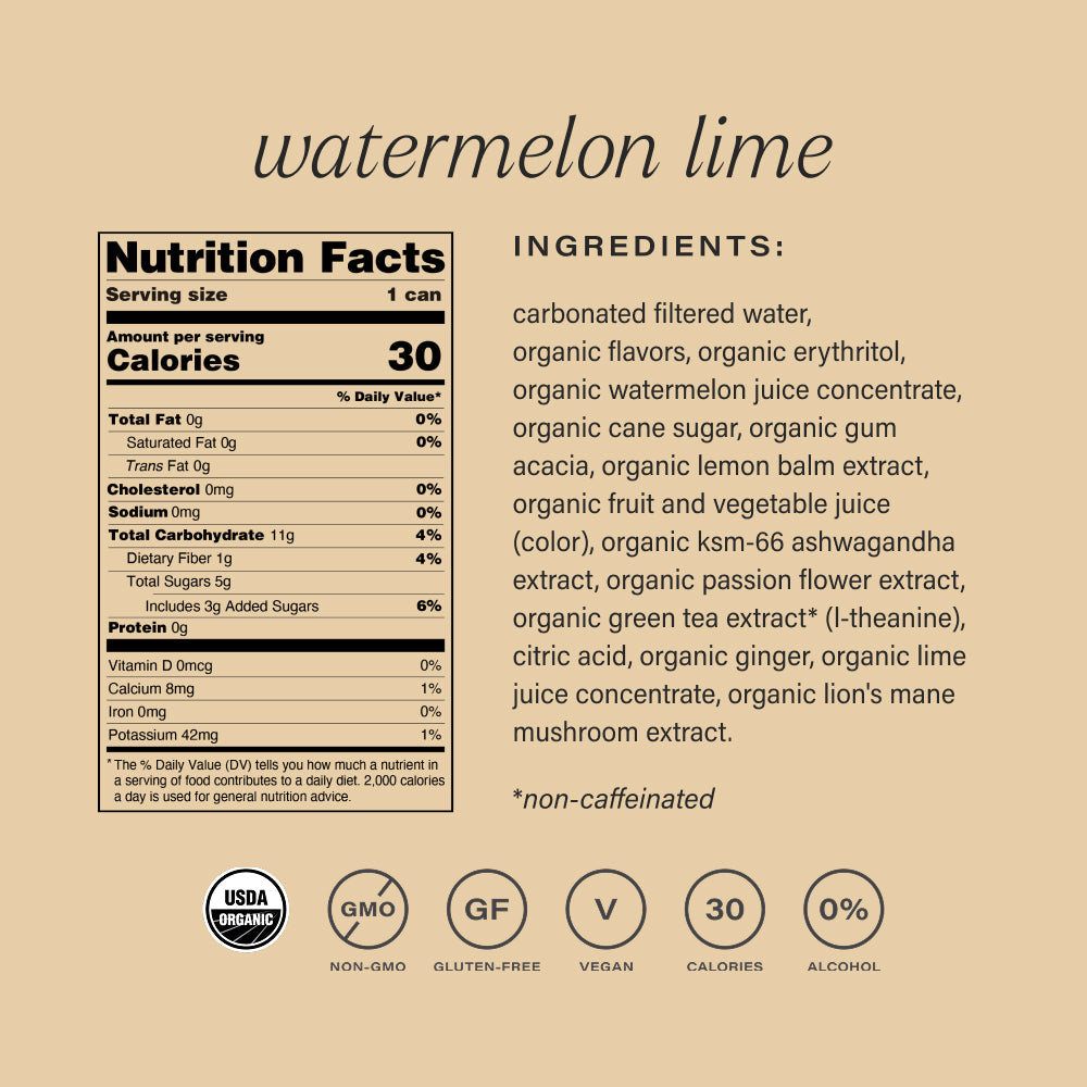 Nutrition facts and ingredients list for watermelon lime non-alcoholic functional seltzer hiyo on a beige background